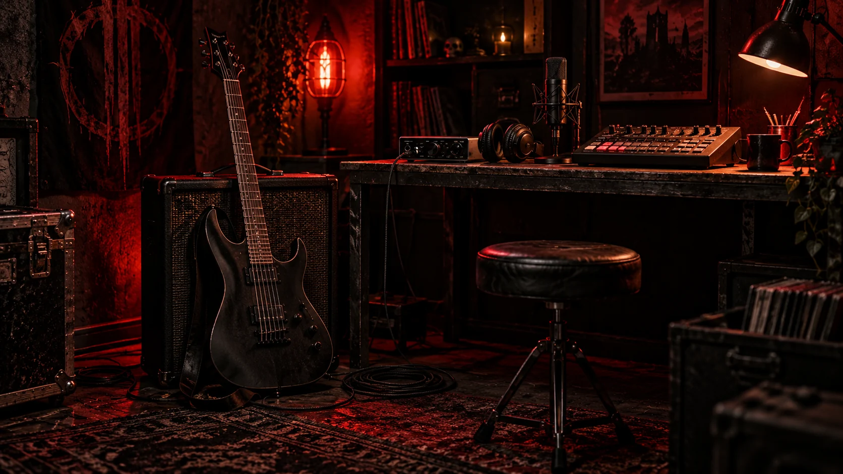 A red-lit home studio with electric guitar, amplifier, microphone, audio interface, and drum machine